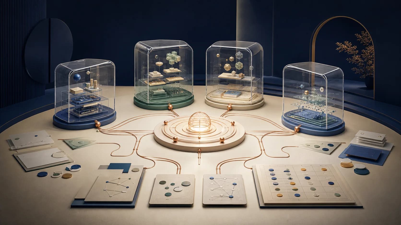 A refined constellation of interconnected glass forms representing teaching agents